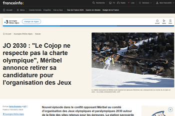 France 3 Auvergne Rh&ocirc;ne Alpes - Savoie - 17/07/2025 -  JO 2030 : "Le Cojop ne respecte pas la charte olympique", M&eacute;ribel annonce retirer sa candidature pour l'organisation des Jeux