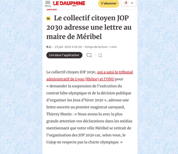 25/07/2025 - Le Dauphiné Libéré : "Le Collectif Citoyen JOP 2030 adresse une lettre au maire de Méribel"