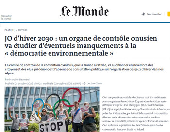 22/10/2025 - LE MONDE - JO d�hiver 2030 - Un organe de contr&ocirc;le onusien va &eacute;tudier d�&eacute;ventuels manquements &agrave; la d&eacute;mocratie environnementale .jpg