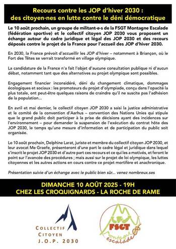 Soirée-débat "Recours contre les JOP 2030" chez les Croquignards le dimanche 10 août 2025 à 19h à la Roche de Rame (Hautes-Alpes)