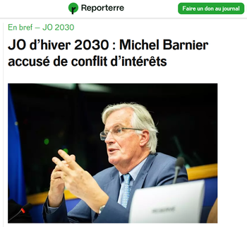 2024-12-23 - Reporterre - JO d�hiver 2030 - Michel Barnier accus&eacute; de conflit d�int&eacute;r&ecirc;ts
